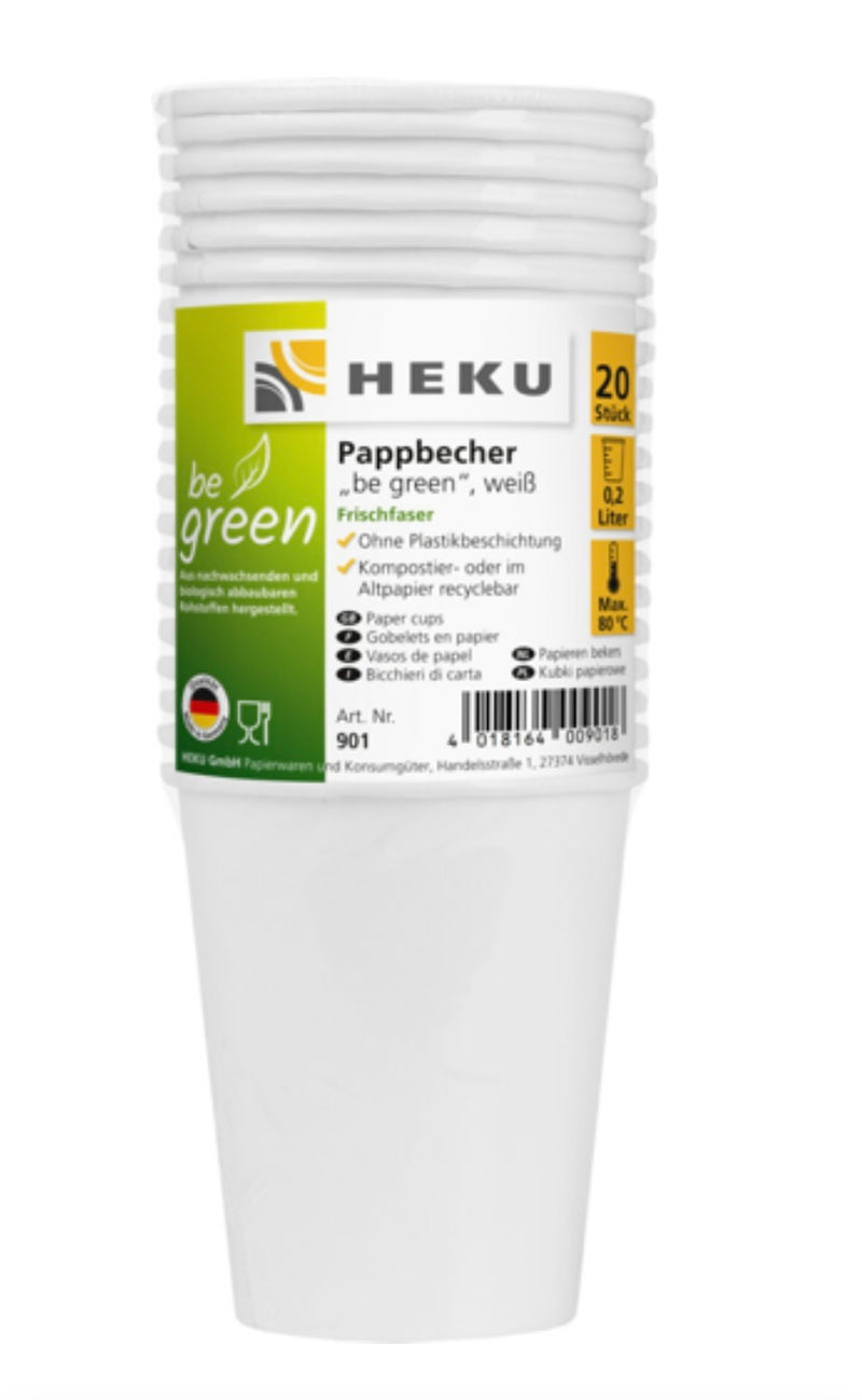 20 Pappbecher,weiß,0,2l,Frischfaser,ca.223g/m²,be green