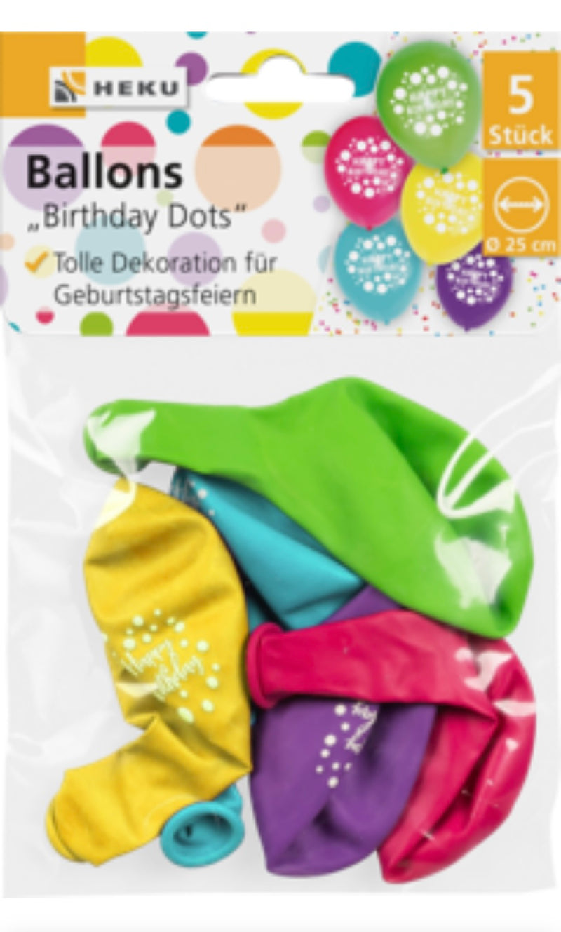 5 Ballons mit Motiv, Ø 25cm, bunt sortiert, Birthday Dots