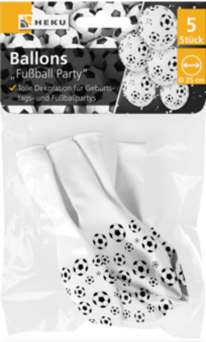 5 Ballons mit Motiv, Ø 25cm, weiß, Fußball Party