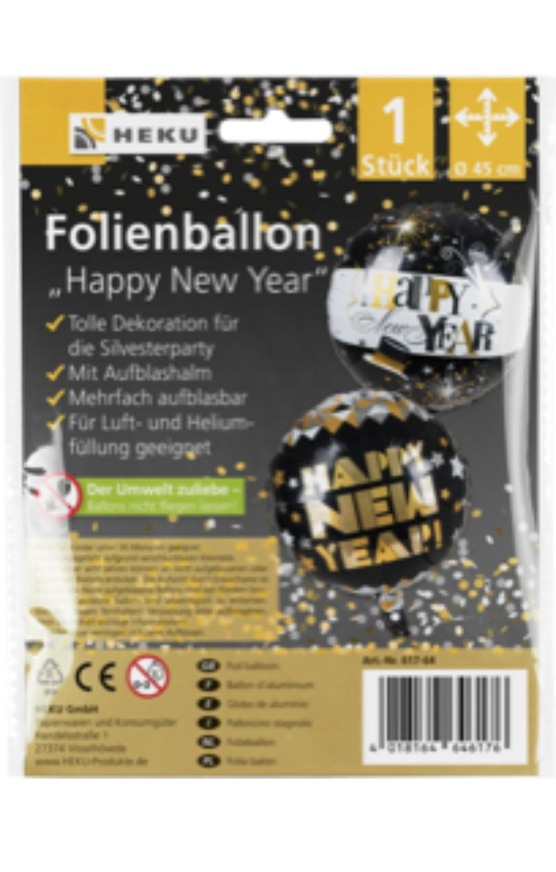 Folienballon, Ø 45cm, m.Aufblashalm, 2 Mot., Happy New Year