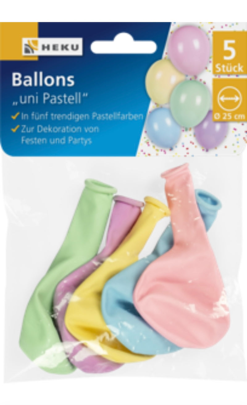 5 Ballons "uni", Ø 25cm, Pastellfarben sortiert