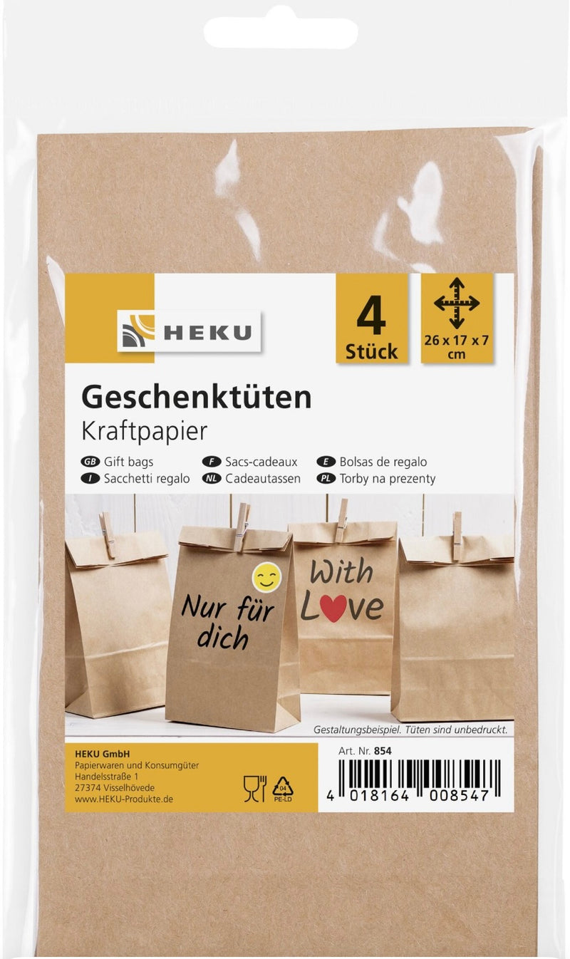 4 Geschenktüten, Kraftpapier, braun, 26*17*7cm, ca. 60g/m²