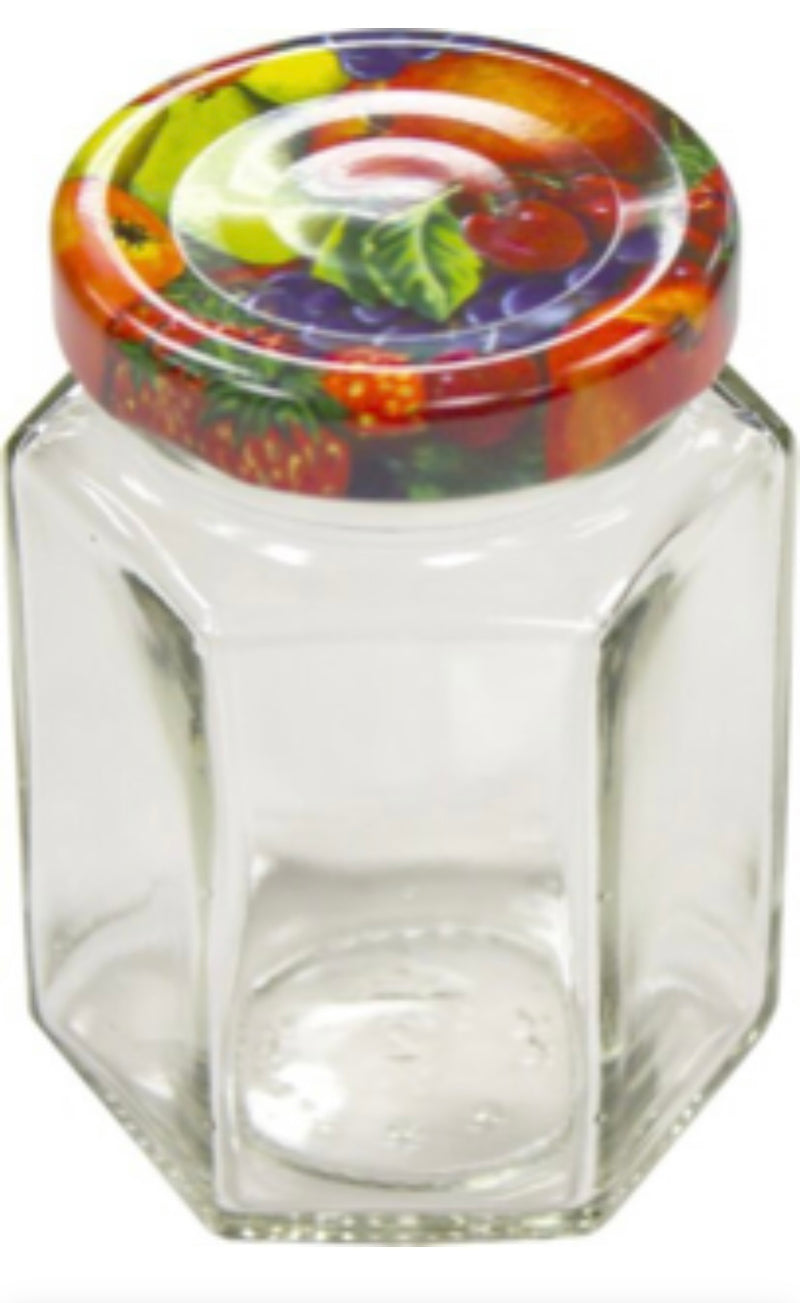 Sechseckglas mit Deckel, 116ml, Obstdekor