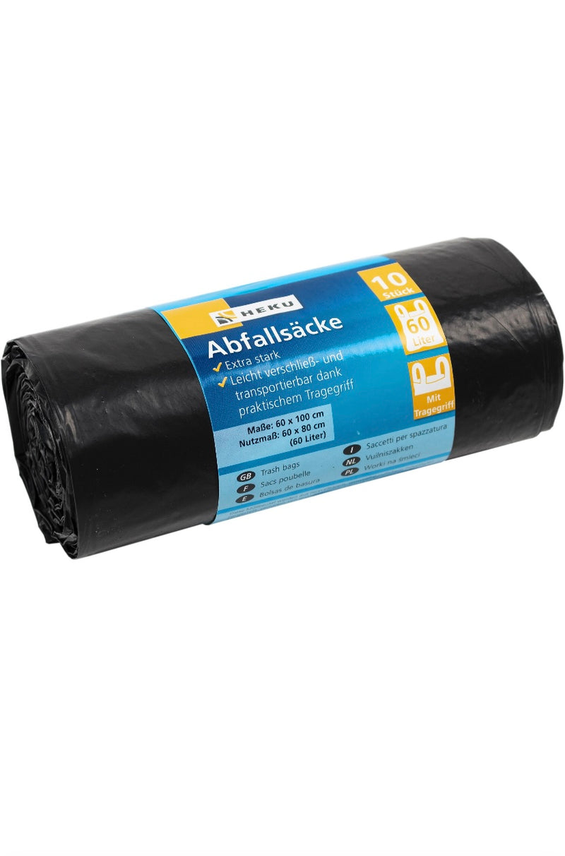 10 Abfallsäcke m. Tragegriff, 60l,extra stark,Rolle,schwarz,LDPE