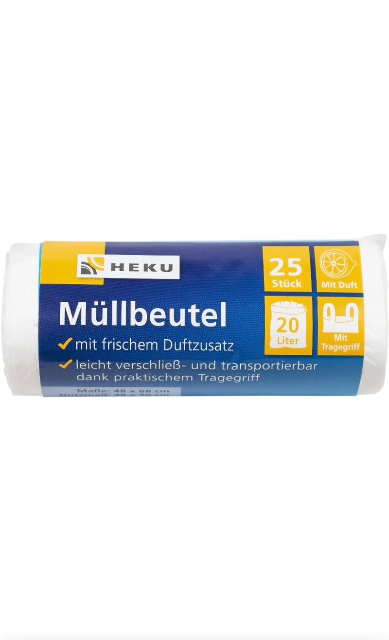 25 Müllbeutel mit Duft+Tragegriff, 20l, Rolle, weiß, HDPE