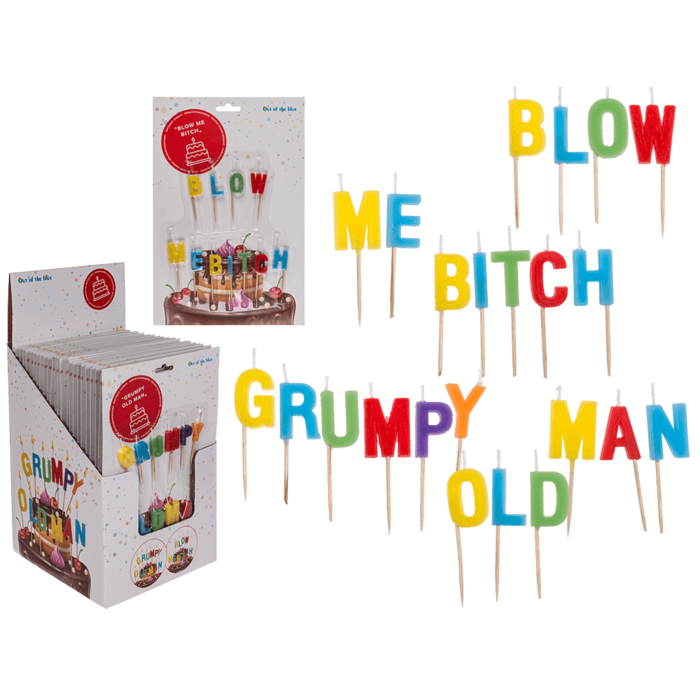 "Geburtstagskerze, ""Blow me Bitch""/""Grumpy old man"""