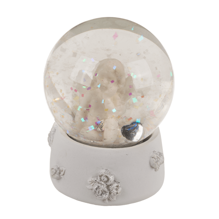 Glitterkugel, Engel mit Kristallherz, auf Sockel,