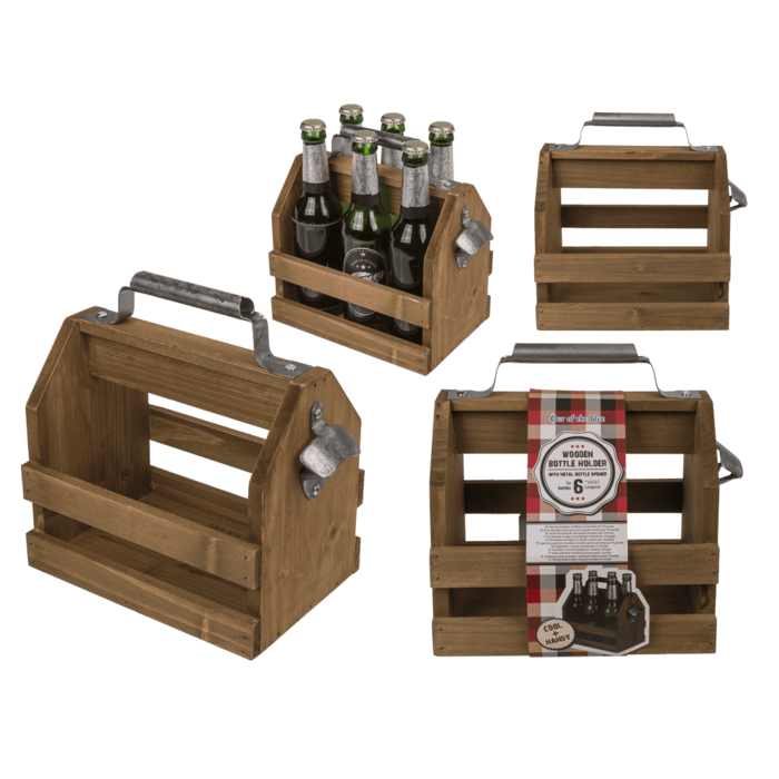 Holz-Flaschenhalter mit Metall-Flaschenöffner,