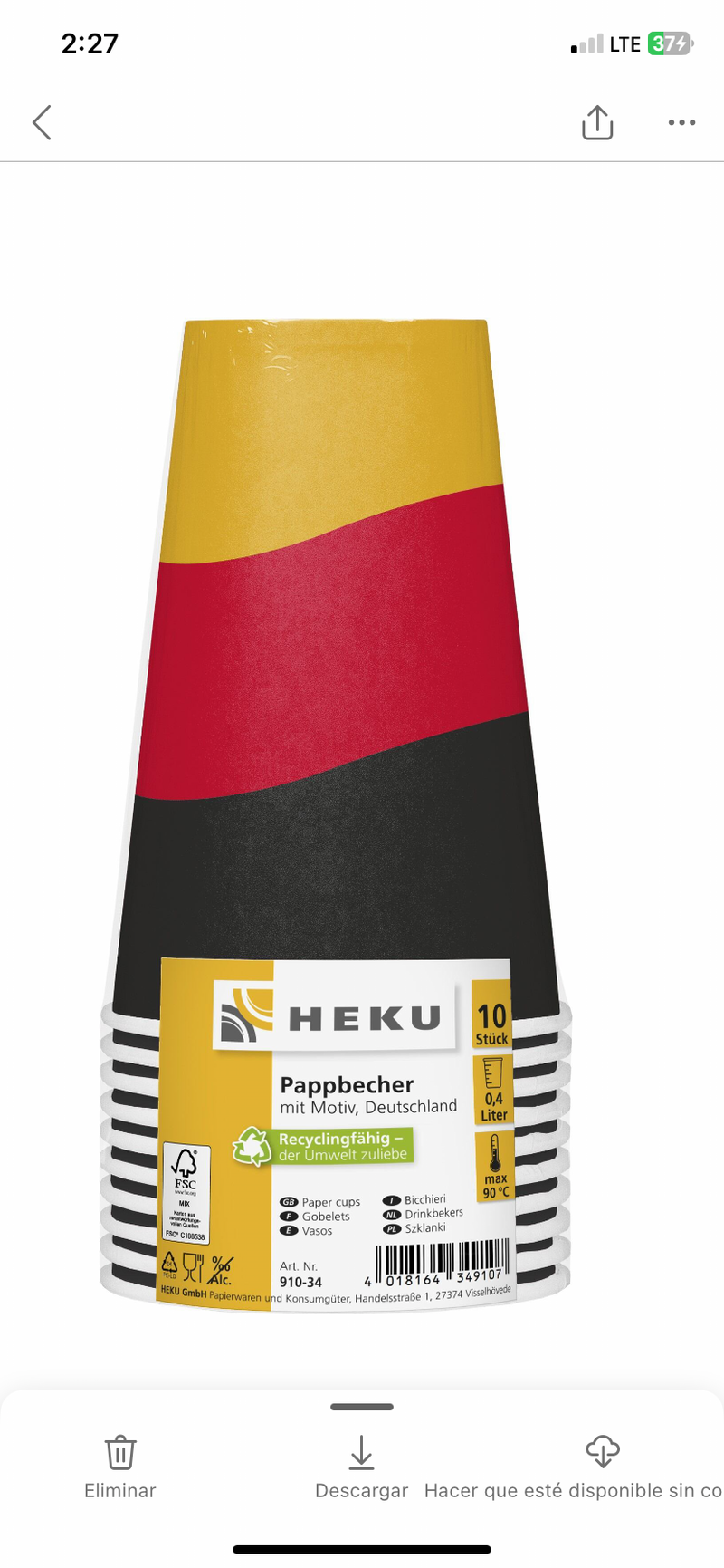 10 Pappbecher mit Motiv, 0,4l, Deutschland