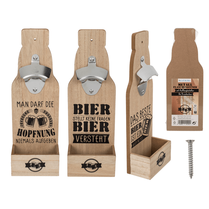 Metall-Flaschenöffner auf Holzbrett mit
