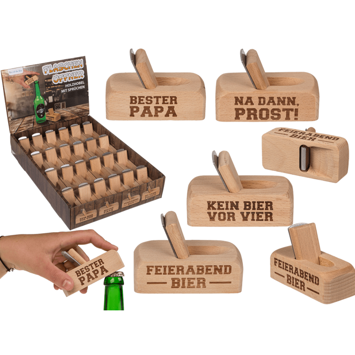 Metall-Flaschenöffner mit Holzgriff, Hobel,