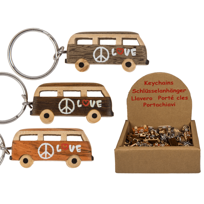 Metall-Schlüsselanhänger, Naturholz-Hippie Bus,