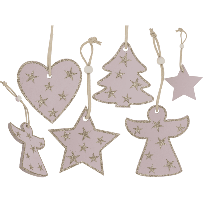 Rosa farbene Holz-Weihnachtsmotive zum Hängen,