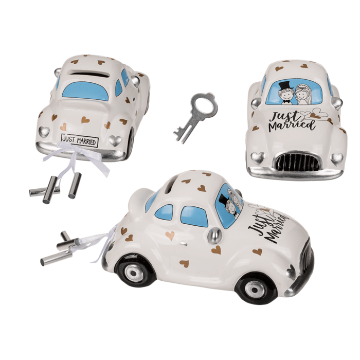Spardose mit Schloss, Hochzeitsauto, Just married,