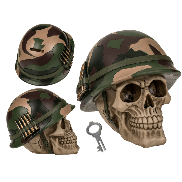 Spardose mit Schloss, Totenkopf mit Armyhelm &