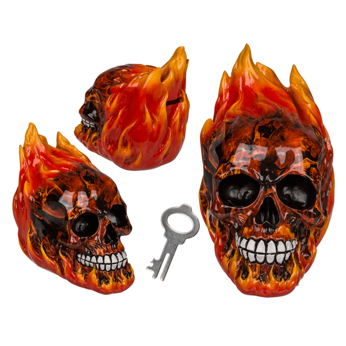 Spardose mit Schloss, Totenkopf mit Feuer,