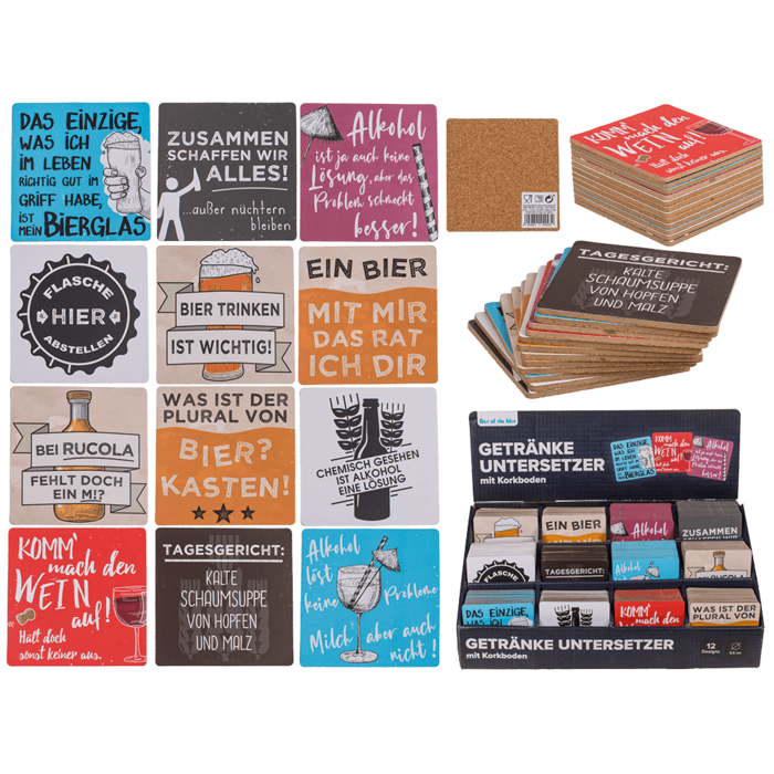 Kork-Untersetzer, Slogans, ca. 9,5 cm,