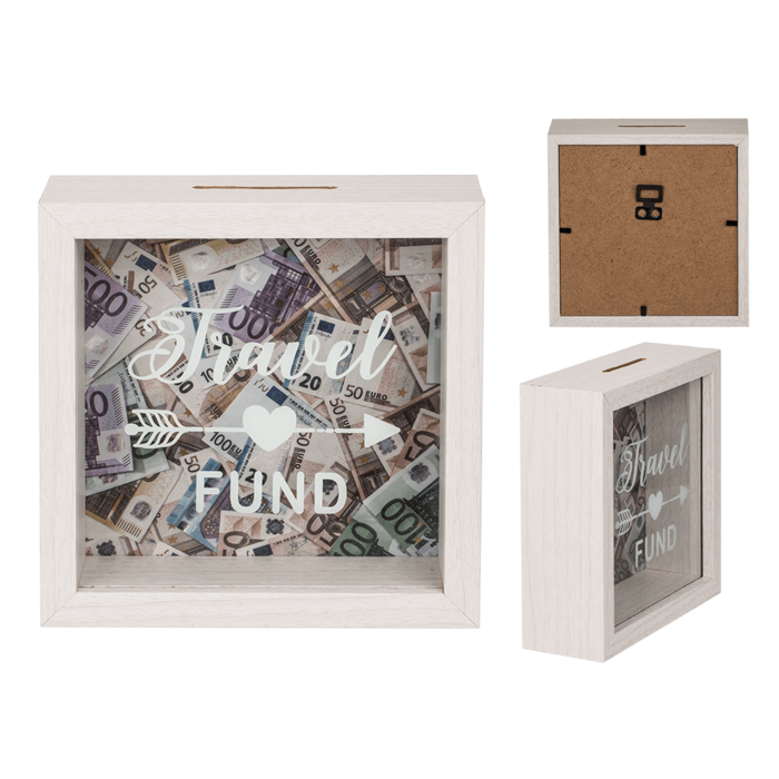 Weiße Holz-Spardose, Travel Fund, ca. 15 x 15 cm