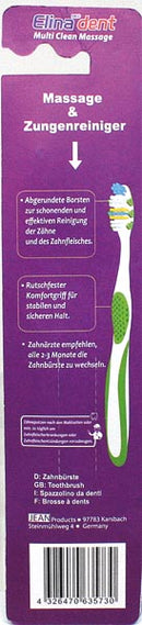 Zahnbrste Elina 1er Multi Clean Massage 18,5cm Gepolstertes Griffende, rutschfeste Daumenauflage und Schutzkappe, farbig sort.