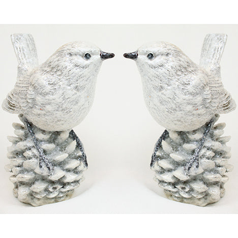 Keramik Vogel 12x9cm weiß/grau auf Tannenzapfen