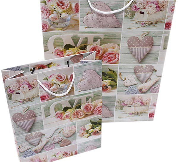 Geschenktasche Rosen- und Herz-Motiv 23x18cm, Größe mittel,