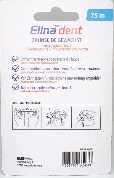 Zahnseide Elina Dent 75m gewachst Minzgeschmack gleitet mhelos durch enge Zahnzwischenrume, entfernt versteckte Speisereste & Plaque