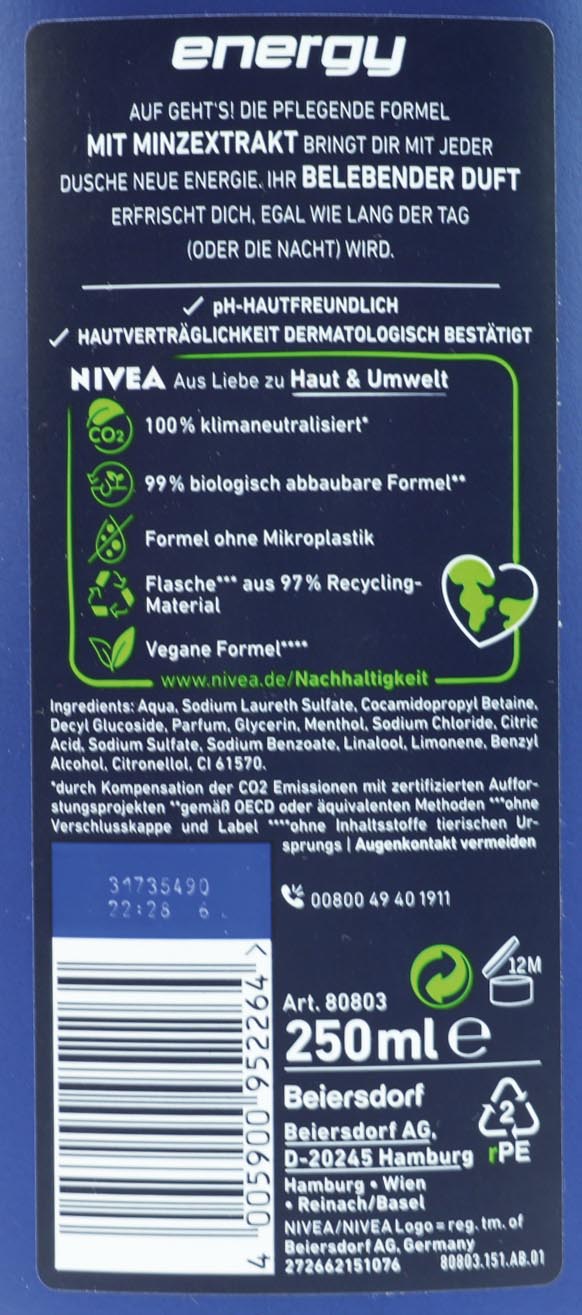 Nivea Dusch Men 250ml Energy Pflegedusche fr Krper, Gesicht & Haar