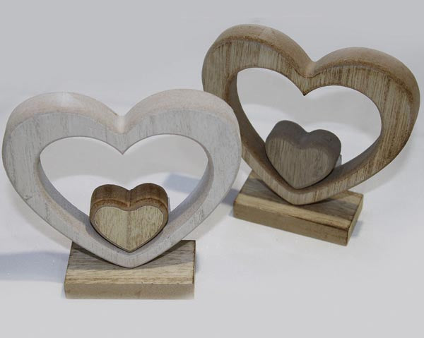 Edles Holzdoppelherz auf Holz-Stnder 12x3,5x12cm liebevoll handgefertigt und handgeschliffen 2fach sortiert