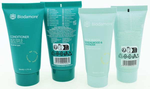 Kosmetik Reise Mini's Biodamore 6fach sort. je 8 x Gesichtsreiniger 30ml, Krpercreme 50ml Shampoo 60ml, Krperspray 30ml, Duschgel 50ml Haarsplung 50ml