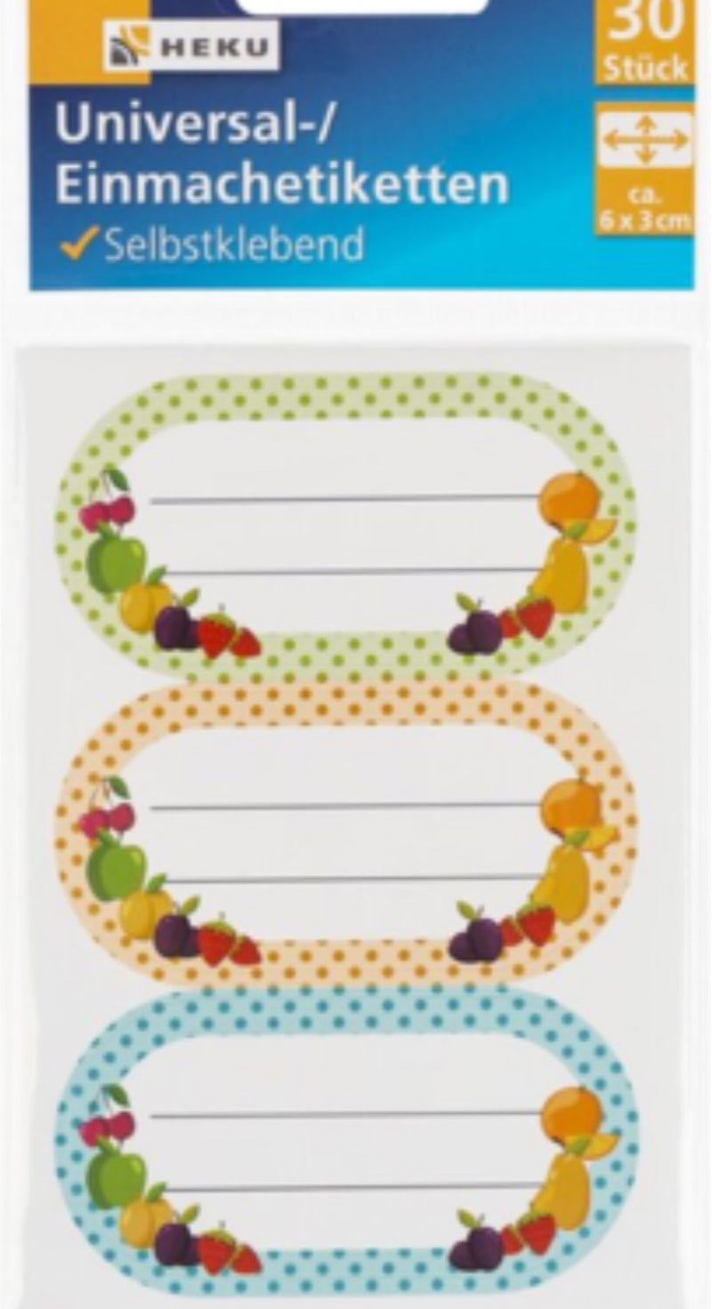 30 Universal-/Einmachetiketten, selbstklebend, 6 Motive sortiert