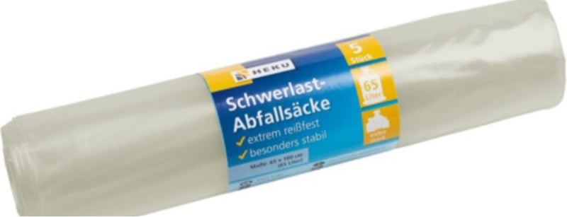 5 Schwerlast-Abfallsäcke,65l,extrem stark,65µ,Rolle,transp.LDPE