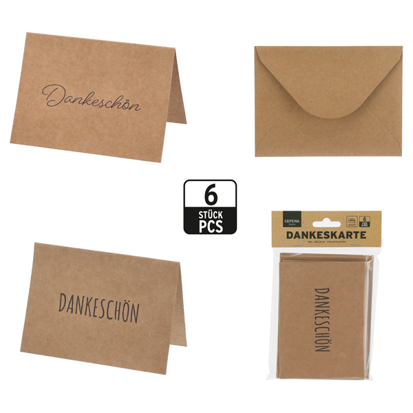 Kraftpapier Karte Dankeschön, 2/s, 6er Set, ca.13x9,5cm
