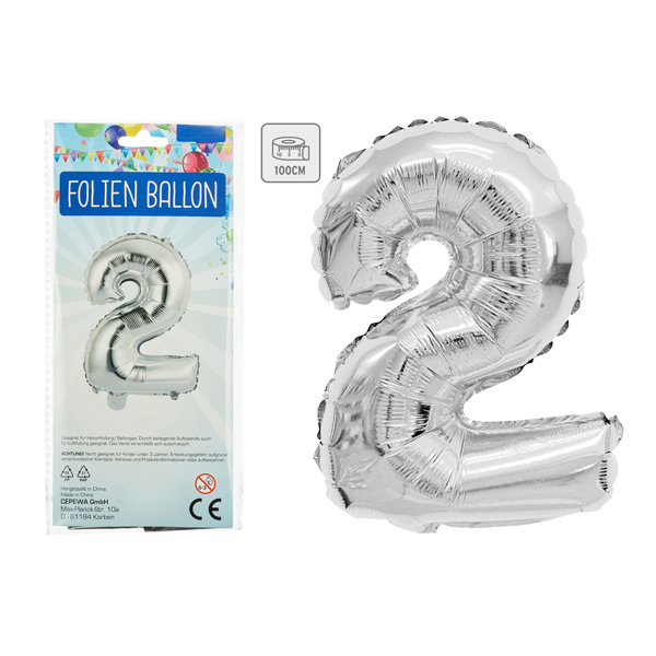 [CEP-88082] Folienballon, Zahl, 2, ca. 100cmH, silber