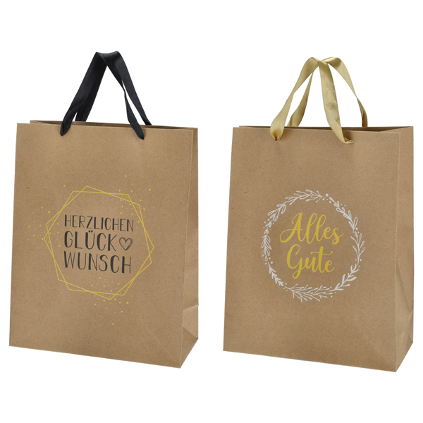 Kraftpapier Geschenktüte Glückwünsche, 2/s, M, ca.34cmH