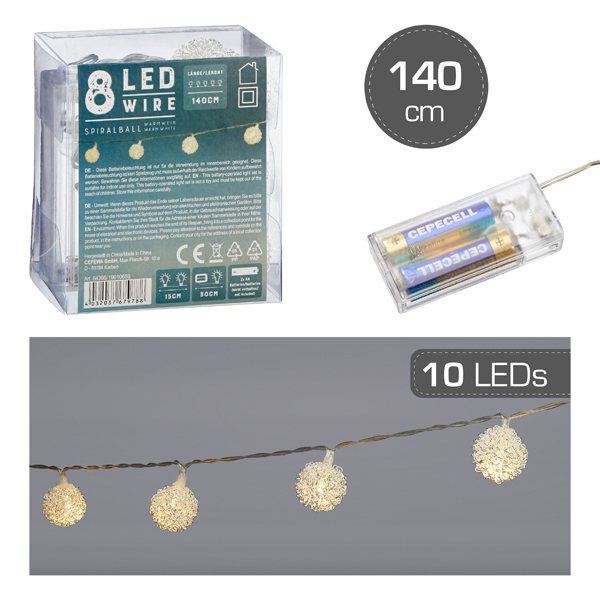LED Lichterkette, Spiralball, 8LED, ca. 140cm