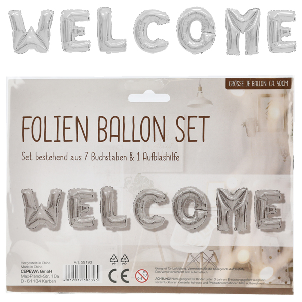 [CEP-59193] Folienballon "Welcome", 8er Set , ca.40cm, in silber