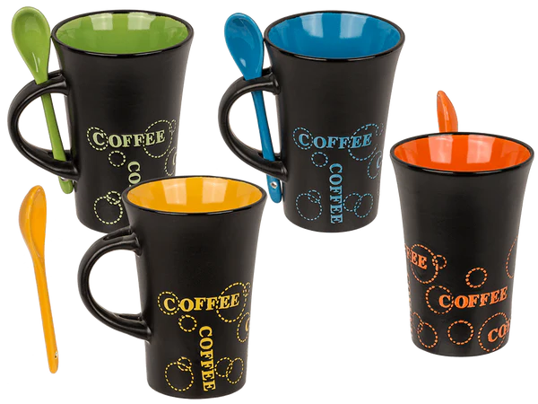 Schwarzer Becher mit Löffel, Coffee,