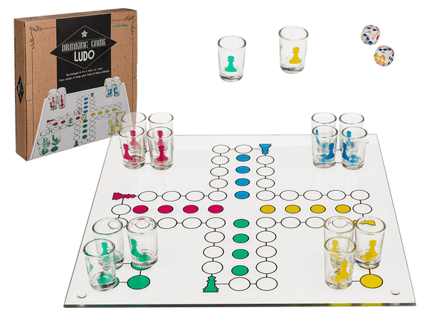 Glas-Trinkspiel, Ludo, mit 16 Gläsern & 2 Würfeln,