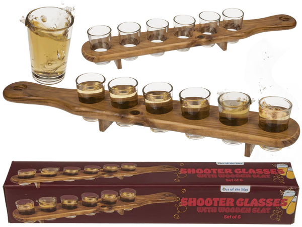 Shooter-Gläser, 6er Set mit Holzlatte,