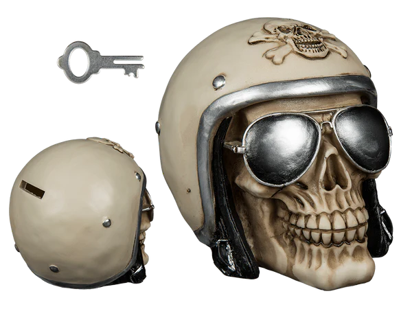 [OOTB-78/5735] Spardose, Totenkopf mit Motorradhelm &