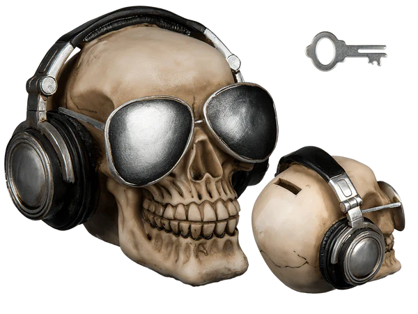 [OOTB-78/5736] Spardose, Totenkopf mit Kopfhörer & silberfarbener