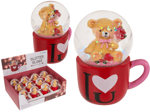 Glitterkugel, Bär, auf Sockel Tasse, I love you,