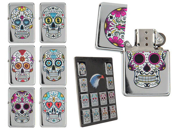 [OOTB-10/2334] Benzin-Feuerzeug, Coloured Skull, 6-fach sortiert,