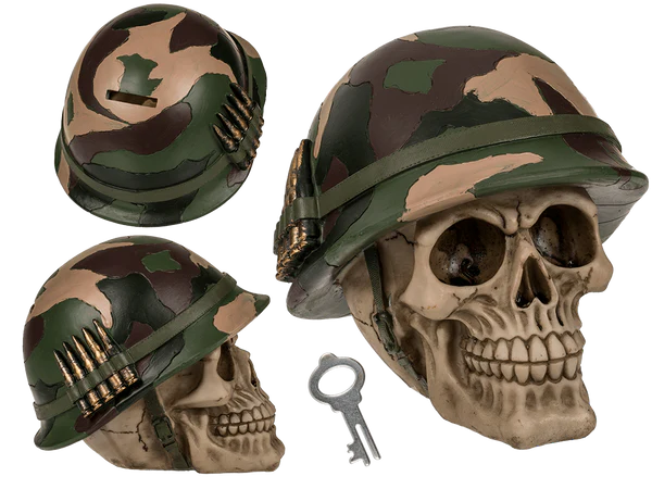 [OOTB-78/5759] Spardose mit Schloss, Totenkopf mit Armyhelm &