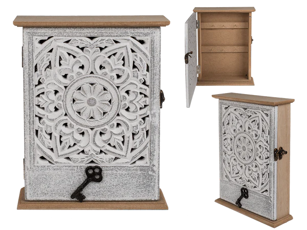 [OOTB-144316] Holz-Schlüsselkasten mit Tür & weißem Blumendekor,