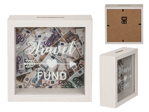 Weiße Holz-Spardose, Travel Fund, ca. 15 x 15 cm