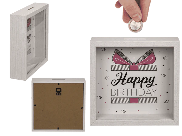 Holz-Spardose, Happy Birthday, im Rahmen,