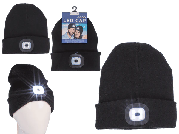 [OOTB-02/2971] Schwarze Mütze mit 4 LED (inkl. Batterien),