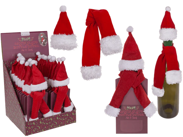 Textil-Flaschenüberzug, Weihnachtsmütze & Schal,