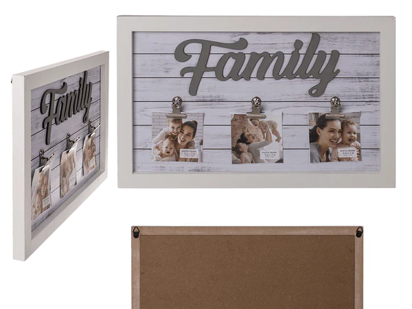 [OOTB-144310] Weißer Holzrahmen, Family, mit 3 Clip-Haltern,